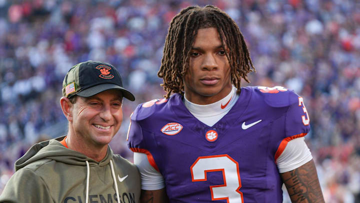 Clemson head coach Dabo Swinney with wide receiver Tristan Smith (3) before kickoff with Furman University at Memorial Stadium in Clemson, SC, Saturday, November 22, 2025.