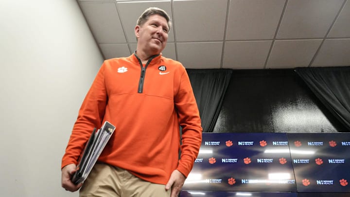 Clemson Coach Brad Brownell gets up after a postgame press conference at Littlejohn Coliseum in Clemson, S.C Saturday, March 7, 2026.