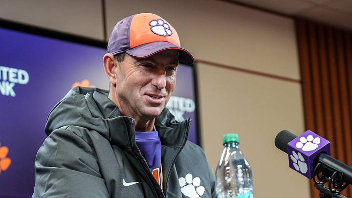 Clemson football Head Coach Dabo Swinney speaks in a press conference before a Pinstipe Bowl practice in Clemson, S.C. Monday, Dec. 15, 2025.
