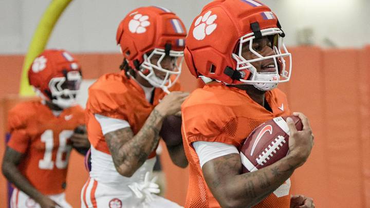 Clemson receiver Tyler Brown (6) during Spring football practice at the Reeves Football Complex in Clemson, SC Wednesday, March 4, 2026.