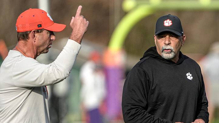Clemson head coach Dabo Swinney talks with Special Teams Coordinator Rich Bassacia during Spring football practice at the Reeves Football Complex in Clemson, SC Wednesday, March 4, 2026.