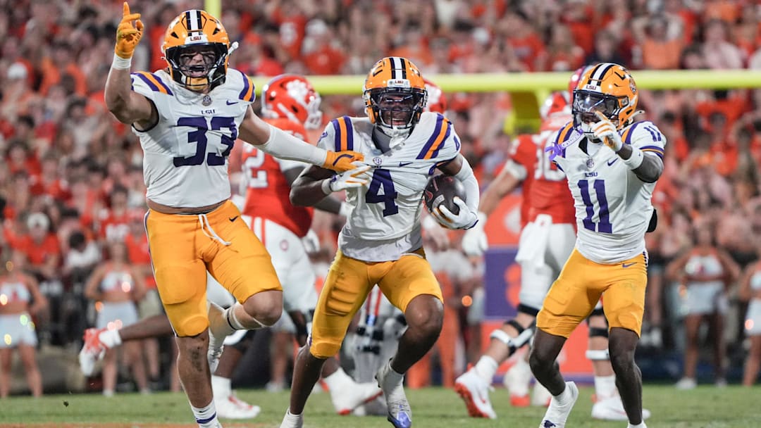 Louisiana State University linebacker West Weeks (33), cornerback Mansoor Delane (4) and cornerback PJ Woodland (11) react playing Clemson during the third quarter at Memorial Stadium in Clemson, S.C. Saturday, August 31, 2025. Louisiana State University linebacker West Weeks (33), cornerback Mansoor Delane (4) and cornerback PJ Woodland (11) react playing Clemson during the third quarter at Memorial Stadium in Clemson, S.C. Saturday, August 31, 2025.