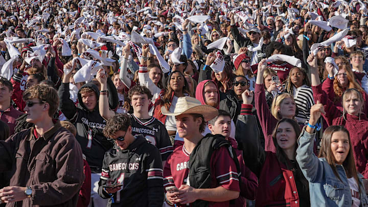 South Carolina fans waves white towels during the third quarter at Williams-Brice Stadium in Columbia, S.C. Saturday, November 29, 2025.