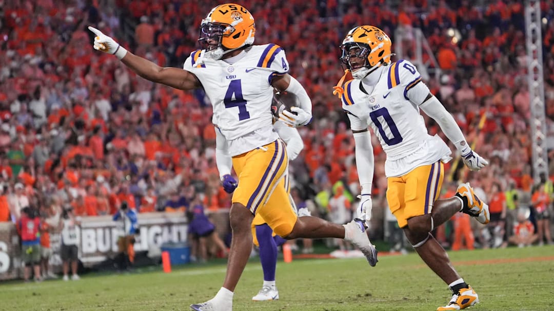 Louisiana State University cornerback Mansoor Delane (4) reacts during the third quarter at Memorial Stadium in Clemson, S.C. Saturday, August 30, 2025.