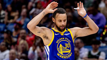 Mar 28, 2025; New Orleans, Louisiana, USA;  Golden State Warriors guard Stephen Curry (30) reacts to a play against the New Orleans Pelicans during the second half at Smoothie King Center. Mandatory Credit: Stephen Lew-Imagn Images