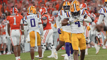 Louisiana State University cornerback Mansoor Delane (4) reacts after Clemson TJ Moore (1) missed a fourth down catch during the fourth quarter at Memorial Stadium in Clemson, S.C. Saturday, August 30, 2025.