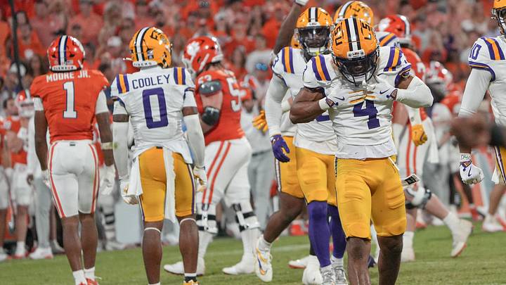 Louisiana State University cornerback Mansoor Delane (4) reacts after Clemson TJ Moore (1) missed a fourth down catch during the fourth quarter at Memorial Stadium in Clemson, S.C. Saturday, August 30, 2025.