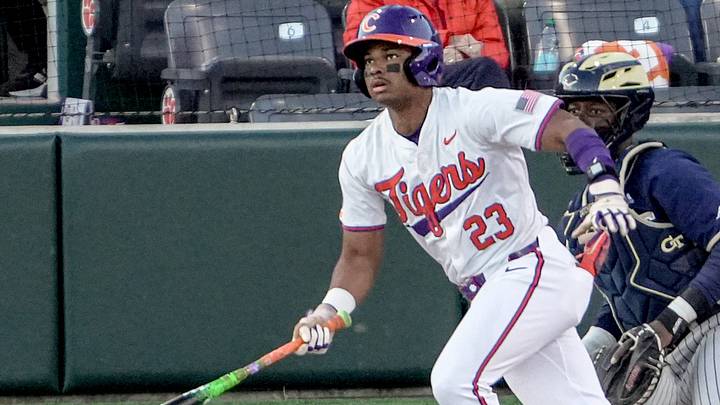 Clemson sophomore Jarren Purify (23) bats agaist Georgia Tech during the bottom of the first inning at Doug Kingsmore Stadium in Clemson, S.C. Thursday, March 12, 2026.