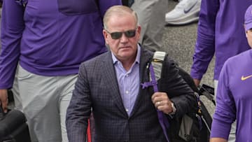 Louisiana State University Head Coach Brian Kelly walks off the bus during Clemson Tiger Walk before kickoff at Memorial Stadium in Clemson, S.C. Saturday, August 30, 2025.