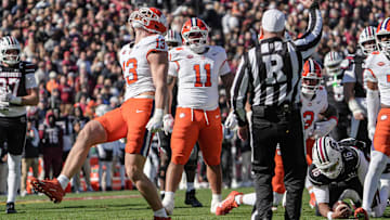 Clemson defensive end Will Heldt (13) reacts after sacking South Carolina quarterback LaNorris Sellers (16) during the first quarter at Williams-Brice Stadium in Columbia, S.C. Saturday, November 29, 2025.