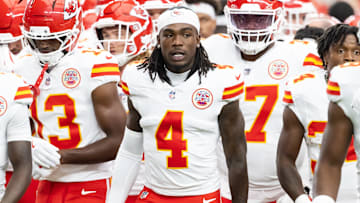 Aug 9, 2025; Glendale, Arizona, USA; Kansas City Chiefs wide receiver Rashee Rice (4) against the Arizona Cardinals during a preseason NFL game at State Farm Stadium. Mandatory Credit: Mark J. Rebilas-Imagn Images