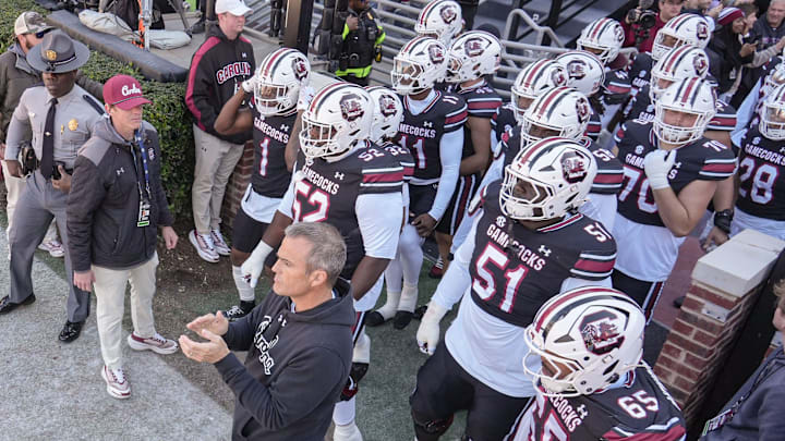 South Carolina Head Coach Shane Beamer claps before he and the team enter the field before the game with Clemson at Williams-Brice Stadium in Columbia, S.C. Saturday, November 29, 2025.