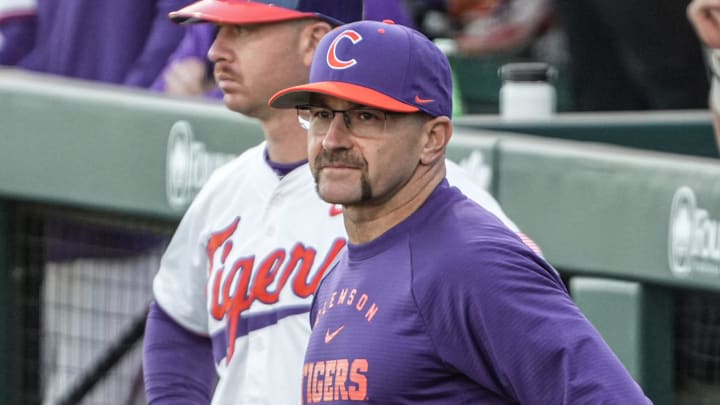 Clemson Head Coach Erik Bakich during the top of the first inning at Doug Kingsmore Stadium in Clemson, S.C. Thursday, March 12, 2026.