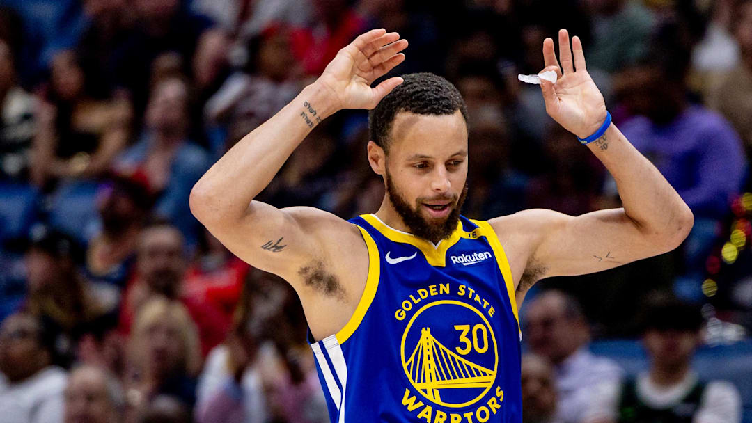Mar 28, 2025; New Orleans, Louisiana, USA; Golden State Warriors guard Stephen Curry (30) reacts to a play against the New Orleans Pelicans during the second half at Smoothie King Center. Mandatory Credit: Stephen Lew-Imagn Images Mar 28, 2025; New Orleans, Louisiana, USA; Golden State Warriors guard Stephen Curry (30) reacts to a play against the New Orleans Pelicans during the second half at Smoothie King Center. Mandatory Credit: Stephen Lew-Imagn Images