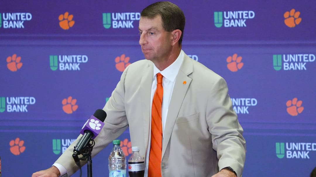 Clemson head coach Dabo Swinney talks with media after the game at Memorial Stadium Saturday, August 31, 2025 in Clemson, S.C.