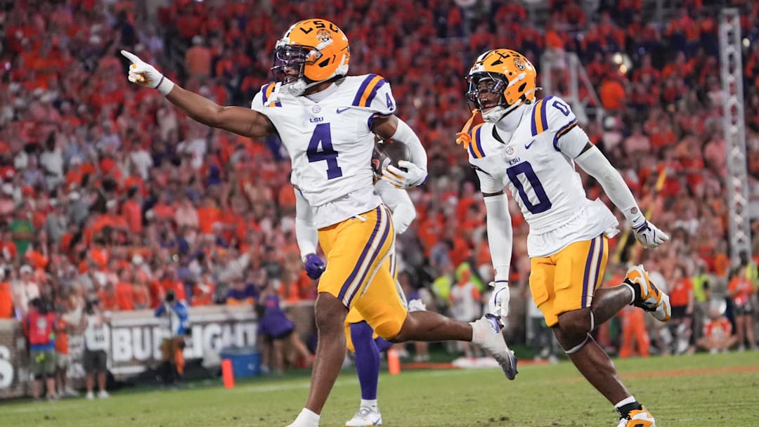 Louisiana State University cornerback Mansoor Delane (4) reacts during the third quarter at Memorial Stadium in Clemson, S.C. Saturday, August 30, 2025.