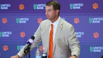 Clemson head coach Dabo Swinney talks with media after the game at Memorial Stadium Saturday, August 31, 2025 in Clemson, S.C.