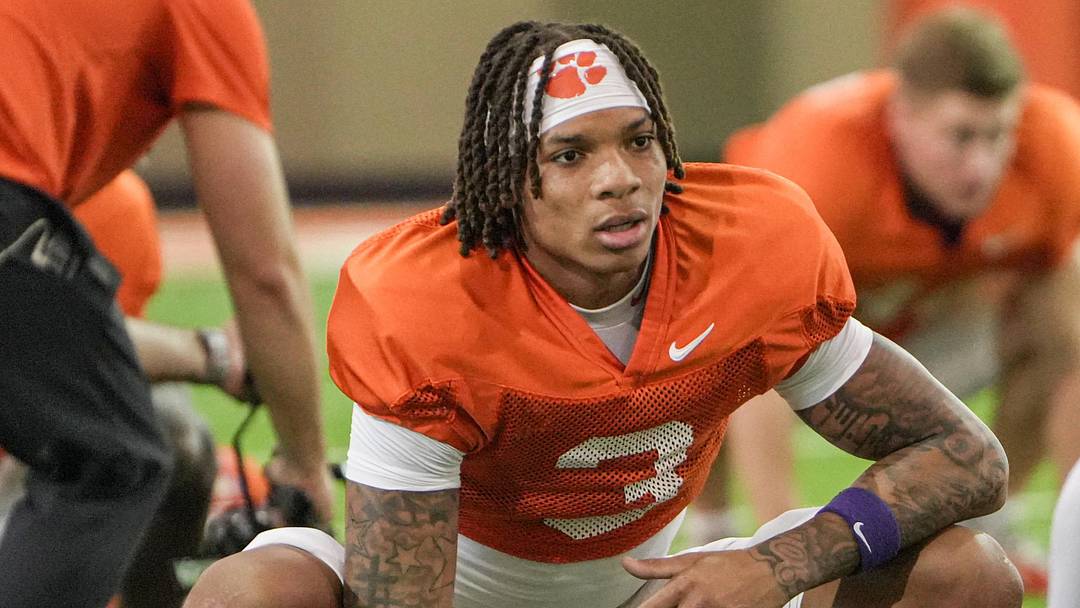Clemson receiver Tristan Smith (3) stretches during Spring football practice at the Reeves Football Complex in Clemson, SC Wednesday, March 4, 2026.