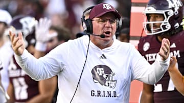 Texas A&M Aggies head coach Mike Elko reacts during the third quarter against the Auburn Tigers at Kyle Field.