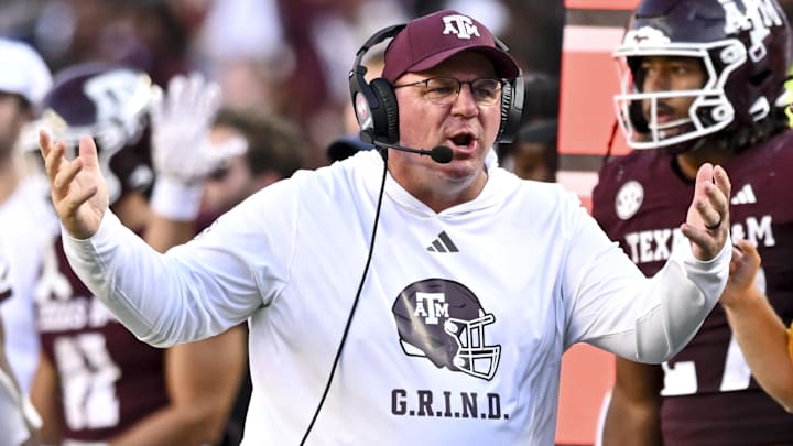 Sep 27, 2025; College Station, Texas, USA; Texas A&M Aggies head coach Mike Elko reacts during the third quarter against the Auburn Tigers at Kyle Field. Mandatory Credit: Maria Lysaker-Imagn Images Sep 27, 2025; College Station, Texas, USA; Texas A&M Aggies head coach Mike Elko reacts during the third quarter against the Auburn Tigers at Kyle Field. Mandatory Credit: Maria Lysaker-Imagn Images