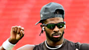 Cleveland Browns quarterback Shedeur Sanders warms up before the game against the San Francisco 49ers.