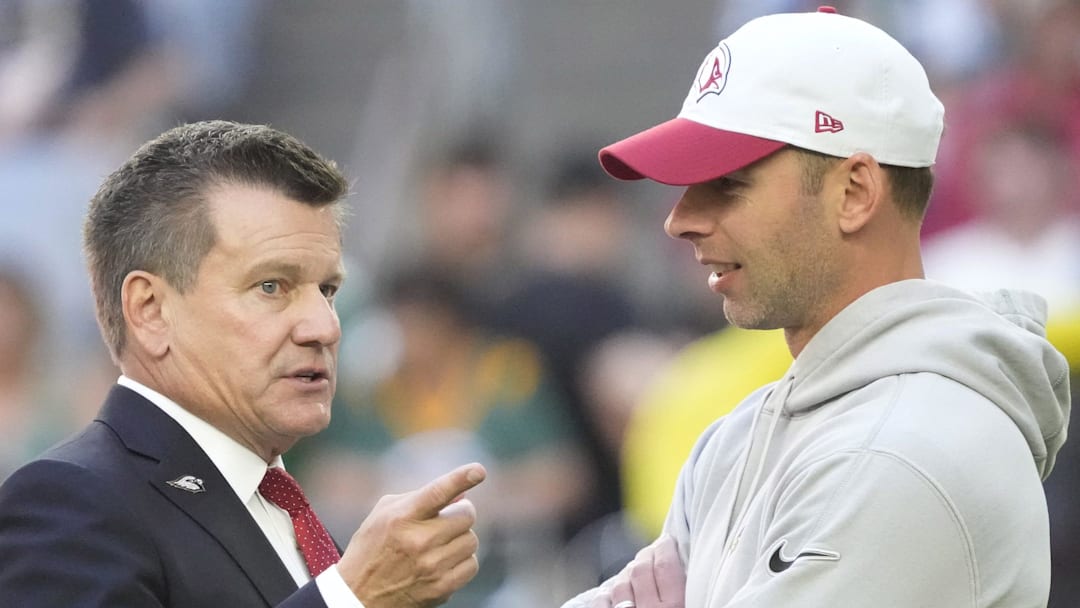 Arizona Cardinals owner Michael Bidwill talks with head coach Jonathan Gannon before playing against the New York Jets at State Farm Stadium in Glendale on Nov. 10, 2024.
