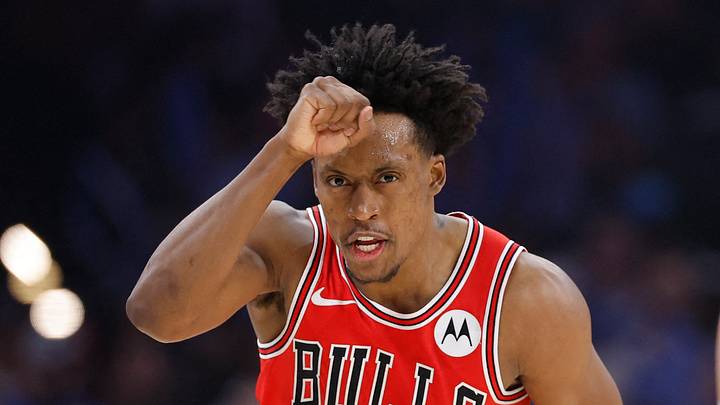 Mar 27, 2026; Oklahoma City, Oklahoma, USA; Chicago Bulls guard Collin Sexton (2) gestures after scoring against the Oklahoma City Thunder during the first quarter at Paycom Center. Mandatory Credit: Alonzo Adams-Imagn Images