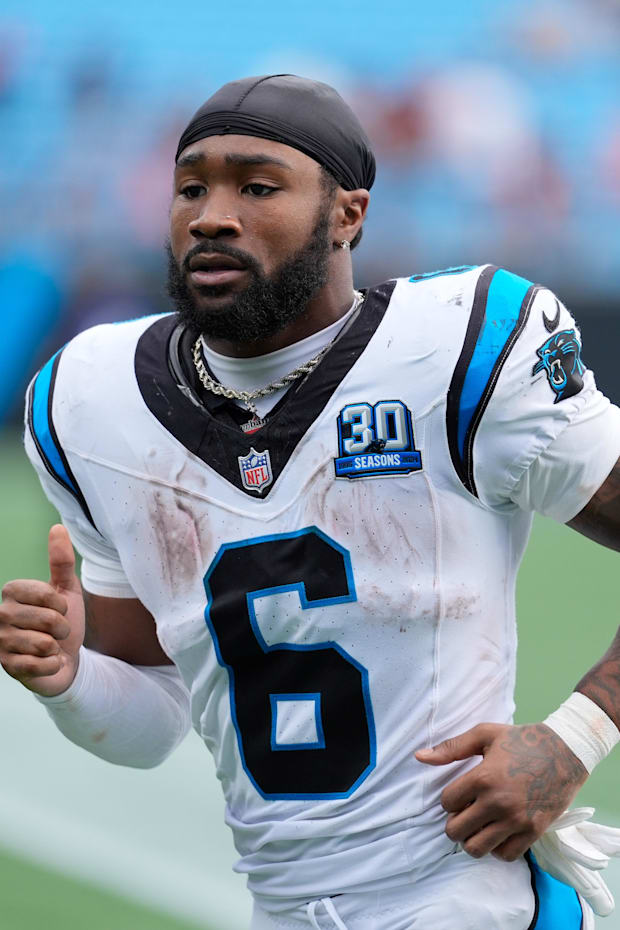 Carolina Panthers running back Miles Sanders during the fourth quarter at Bank of America Stadium