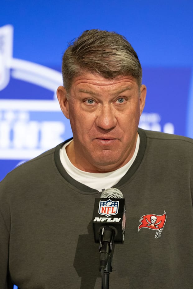 Buccaneers general manager Jason Licht talks to the media at the 2024 NFL Combine. 