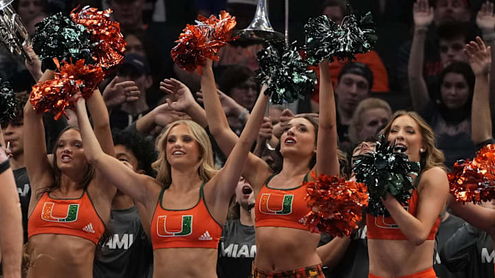 Mar 13, 2026; Charlotte, NC, USA; Miami (FL) Hurricanes cheerleaders perform in the first half at Spectrum Center. Mandatory Credit: Bob Donnan-Imagn Images