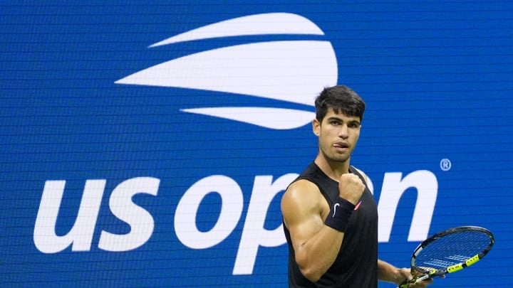 Aug 27, 2024; Flushing, NY, USA; Carlos Alcaraz of Spain celebrates a winner against Li Tu of Australia on day two of the 2024 U.S. Open tennis tournament at USTA Billie Jean King National Tennis Center. Mandatory Credit: Robert Deutsch-USA TODAY Sports