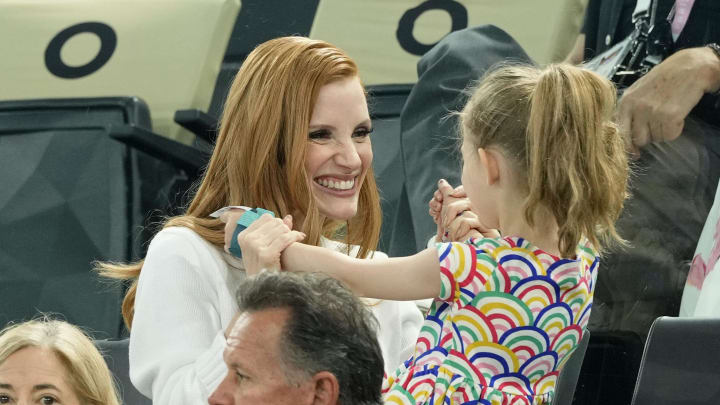 Jessica Chastain attends women's qualification during the Paris 2024 Olympic Summer Games at Bercy Arena. 