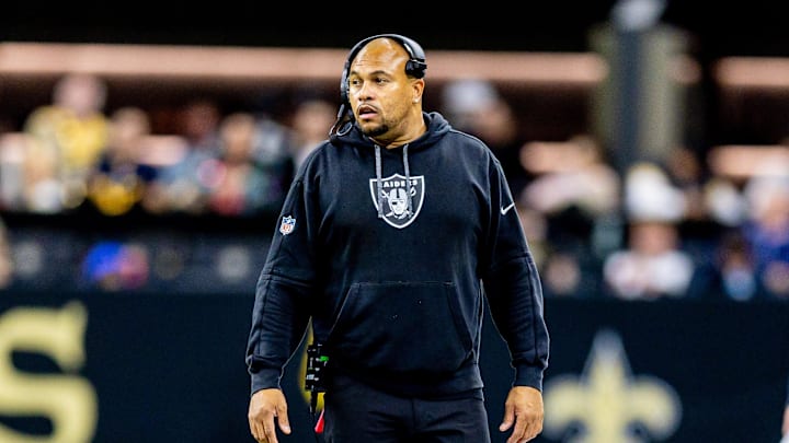 Las Vegas Raiders head coach Antonio Pierce looks on against the New Orleans Saints.