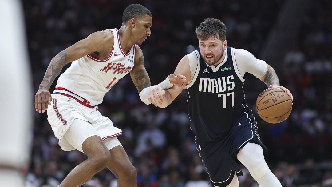 Mar 31, 2024; Houston, Texas, USA; Dallas Mavericks guard Luka Doncic (77) drives with the ball.