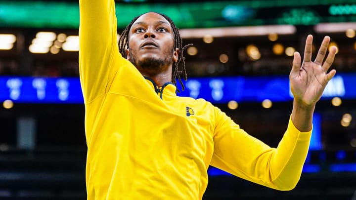 May 21, 2024; Boston, Massachusetts, USA; Indiana Pacers center Myles Turner (33) warms up before the start of game one of the eastern conference finals for the 2024 NBA playoffs against the Boston Celtics at TD Garden. Mandatory Credit: David Butler II-USA TODAY Sports