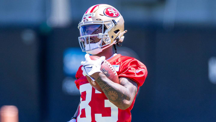 May 10, 2024; Santa Clara, CA, USA; San Francisco 49ers rookie wide receiver Jacob Cowing (83) runs drills during the 49ers rookie minicamp at Levi’s Stadium in Santa Clara, CA. Mandatory Credit: Robert Kupbens-USA TODAY Sports