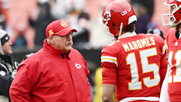 Dec 15, 2024; Cleveland, Ohio, USA; Kansas City Chiefs head coach Andy Reid talks to quarterback Patrick Mahomes (15) before the game between the Cleveland Browns and the Chiefs at Huntington Bank Field. Mandatory Credit: Ken Blaze-Imagn Images