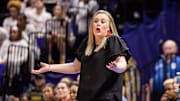 UNLV Lady Rebels head coach Lindy La Rocque reacts to a play against the Michigan Wolverines during the second half at Pete Maravich Assembly Center. 