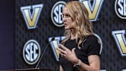 Oct 16, 2024; Birmingham, AL, USA; Vanderbilt Commodores head coach Shea Ralph talks with the media during SEC Media Days at Grand Bohemian Hotel.