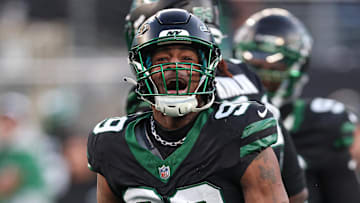 Dec 1, 2024; East Rutherford, New Jersey, USA; New York Jets defensive end Will McDonald IV (99) reacts after a defensive stop during the second half against the Seattle Seahawks at MetLife Stadium. Mandatory Credit: Vincent Carchietta-Imagn Images