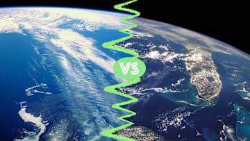 The Jet Stream (left, over northern Canada) and the Gulf Stream (right, near Florida) both have big effects on global climate.