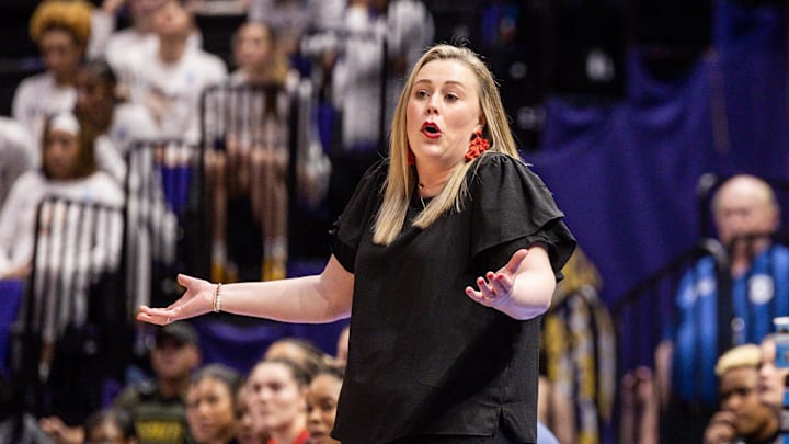 UNLV Lady Rebels head coach Lindy La Rocque reacts to a play against the Michigan Wolverines during the second half at Pete Maravich Assembly Center. UNLV Lady Rebels head coach Lindy La Rocque reacts to a play against the Michigan Wolverines during the second half at Pete Maravich Assembly Center.