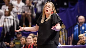 UNLV Lady Rebels head coach Lindy La Rocque reacts to a play against the Michigan Wolverines during the second half at Pete Maravich Assembly Center. Mandatory Credit: Stephen Lew-Imagn Images