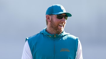 Jul 24, 2025; Jacksonville, FL, USA; Jacksonville Jaguars head coach Liam Coen leads training camp at Miller Electric Center. Mandatory Credit: Nathan Ray Seebeck-Imagn Images