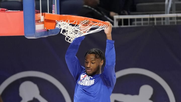 May 15, 2024; Chicago, IL, USA; Bronny James participates in the 2024 NBA Draft Combine at Wintrust Arena. Mandatory Credit: David Banks-USA TODAY Sports