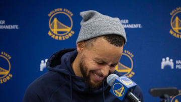 Dec 13, 2021; Indianapolis, Indiana, USA; Golden State Warriors guard Stephen Curry (30) talks to media after the game against the Indiana Pacers at Gainbridge Fieldhouse. Mandatory Credit: Trevor Ruszkowski-Imagn Images