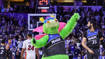 Dec 9, 2025; Orlando, Florida, USA; Orlando Magic mascot stuff performs during the second half against the Miami Heat at Kia Center. Mandatory Credit: Mike Watters-Imagn Images