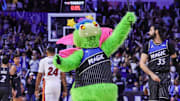 Dec 9, 2025; Orlando, Florida, USA; Orlando Magic mascot stuff performs during the second half against the Miami Heat at Kia Center. Mandatory Credit: Mike Watters-Imagn Images