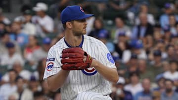 Aug 4, 2025; Chicago, Illinois, USA; Chicago Cubs pitcher Michael Soroka (41) throws the ball against the Cincinnati Reds during the first inning at Wrigley Field. Mandatory Credit: David Banks-Imagn Images