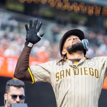 Sep 15, 2024; San Francisco, California, USA; San Diego Padres outfielder Fernando Tatis, Jr. (21) celebrates his solo home run during the eighth inning against the San Francisco Giants at Oracle Park. 